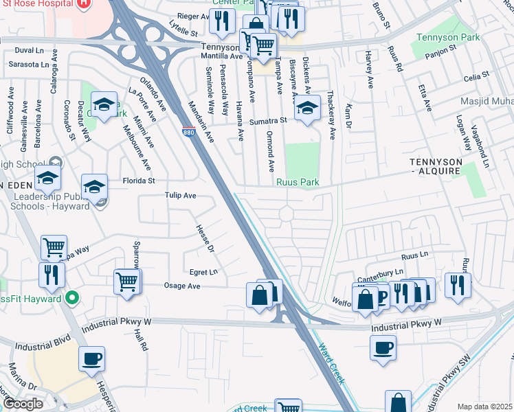 map of restaurants, bars, coffee shops, grocery stores, and more near 1587 De Lemos Avenue in Hayward
