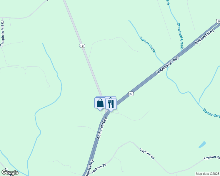 map of restaurants, bars, coffee shops, grocery stores, and more near 156 Patrick Henry Highway in Amherst