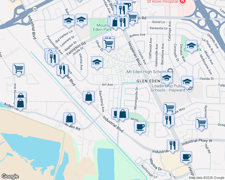 map of restaurants, bars, coffee shops, grocery stores, and more near 10 Pueblo Calle in Hayward
