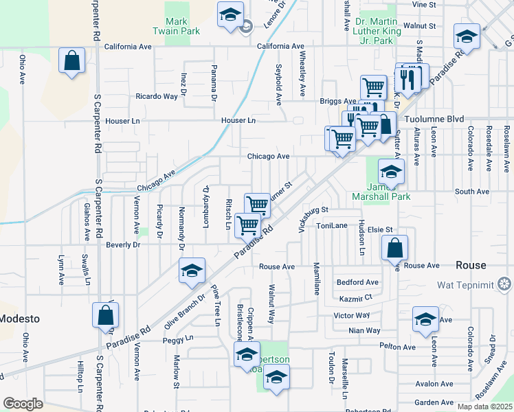 map of restaurants, bars, coffee shops, grocery stores, and more near 917 Paradise Road in Modesto