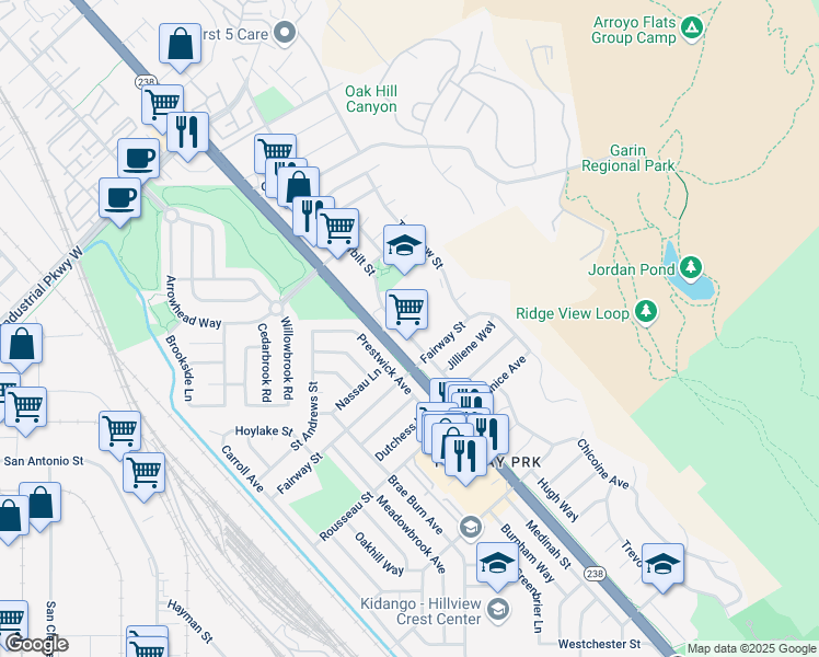 map of restaurants, bars, coffee shops, grocery stores, and more near 30675 Vanderbilt Street in Hayward