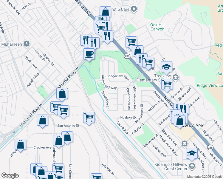 map of restaurants, bars, coffee shops, grocery stores, and more near 331 Brookhaven Court in Hayward