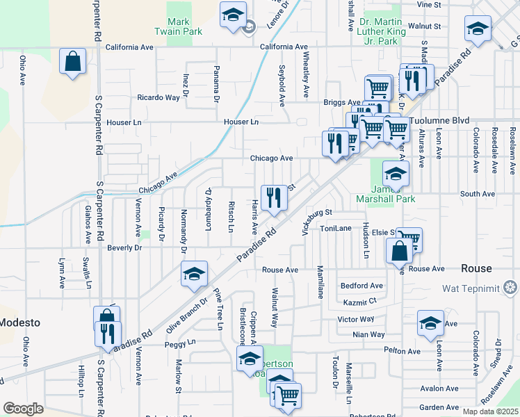 map of restaurants, bars, coffee shops, grocery stores, and more near 917 Paradise Road in Modesto