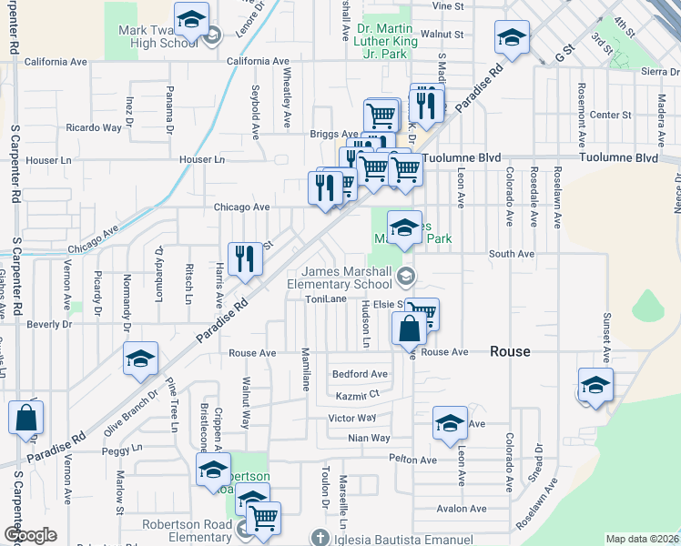 map of restaurants, bars, coffee shops, grocery stores, and more near 1626 Vicksburg Street in Modesto