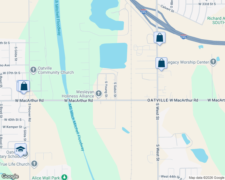 map of restaurants, bars, coffee shops, grocery stores, and more near 3801-4617 South Sabin in Wichita