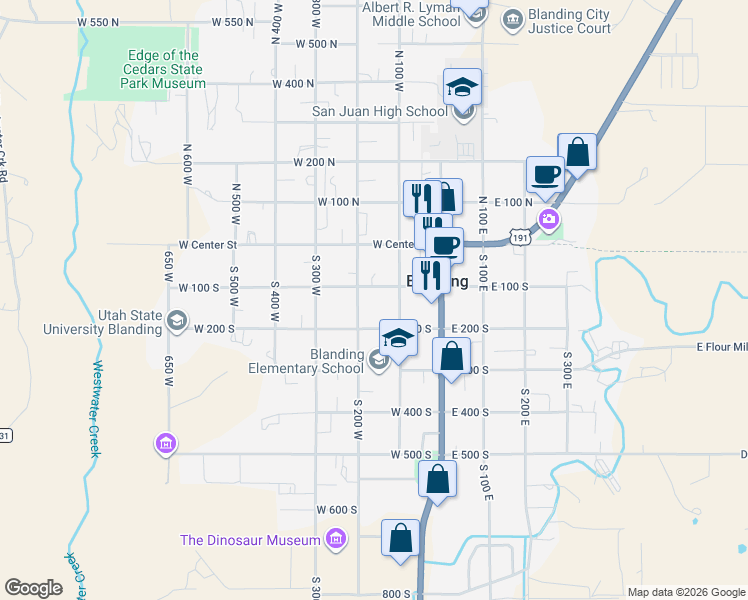 map of restaurants, bars, coffee shops, grocery stores, and more near 161 South 200 West in Blanding