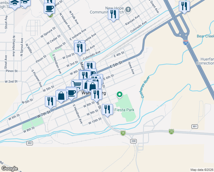 map of restaurants, bars, coffee shops, grocery stores, and more near 210 East 7th Street in Walsenburg