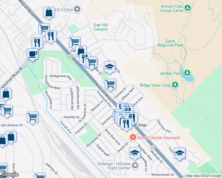 map of restaurants, bars, coffee shops, grocery stores, and more near 30658 Vanderbilt Street in Hayward