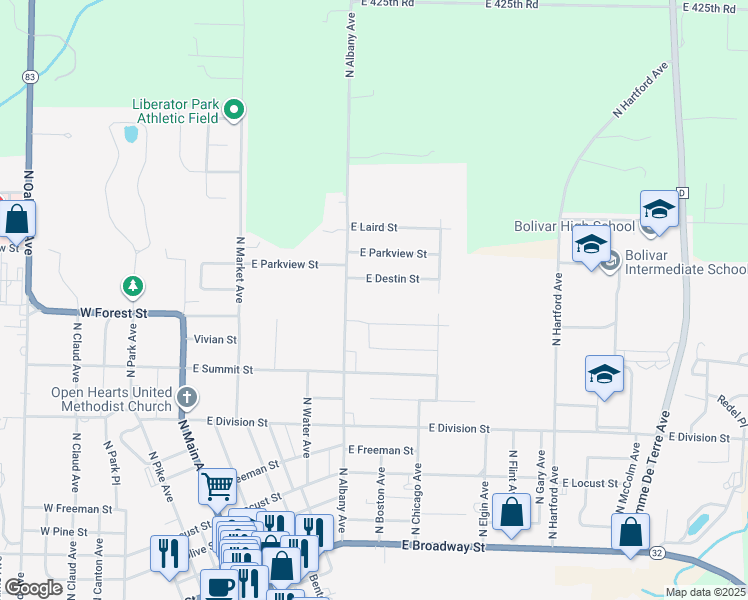 map of restaurants, bars, coffee shops, grocery stores, and more near East Forest Street in Bolivar