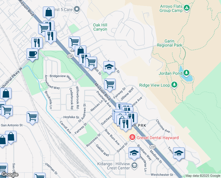 map of restaurants, bars, coffee shops, grocery stores, and more near 30658 Vanderbilt Street in Hayward