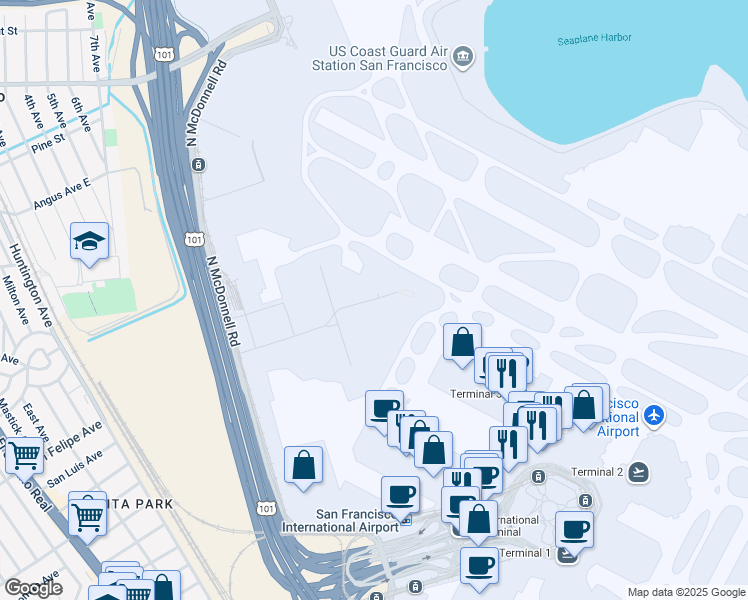 map of restaurants, bars, coffee shops, grocery stores, and more near 173 Airport Access Road in San Francisco