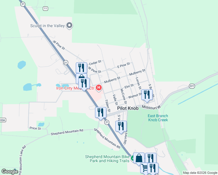 map of restaurants, bars, coffee shops, grocery stores, and more near 211 Elm Street in Pilot Knob