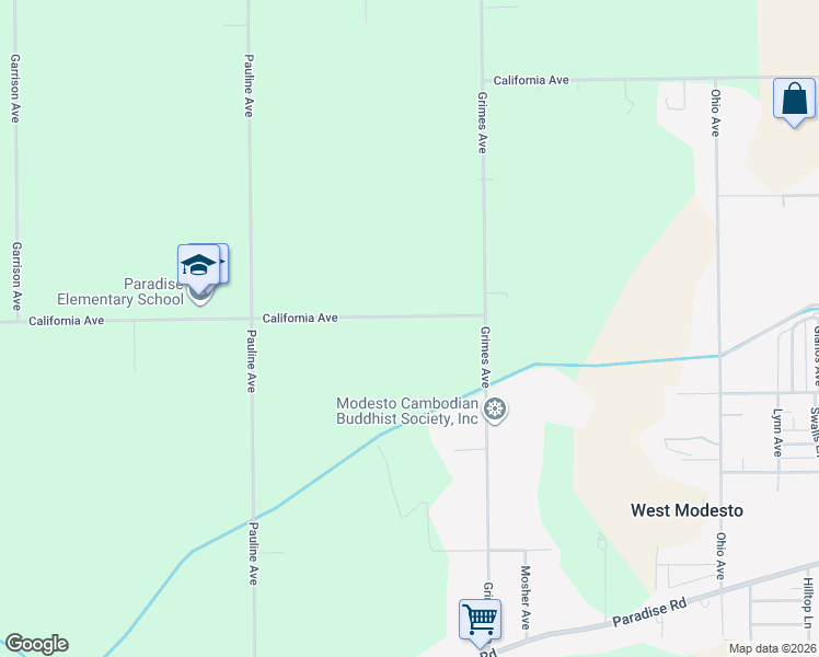map of restaurants, bars, coffee shops, grocery stores, and more near 2870 California Avenue in Modesto