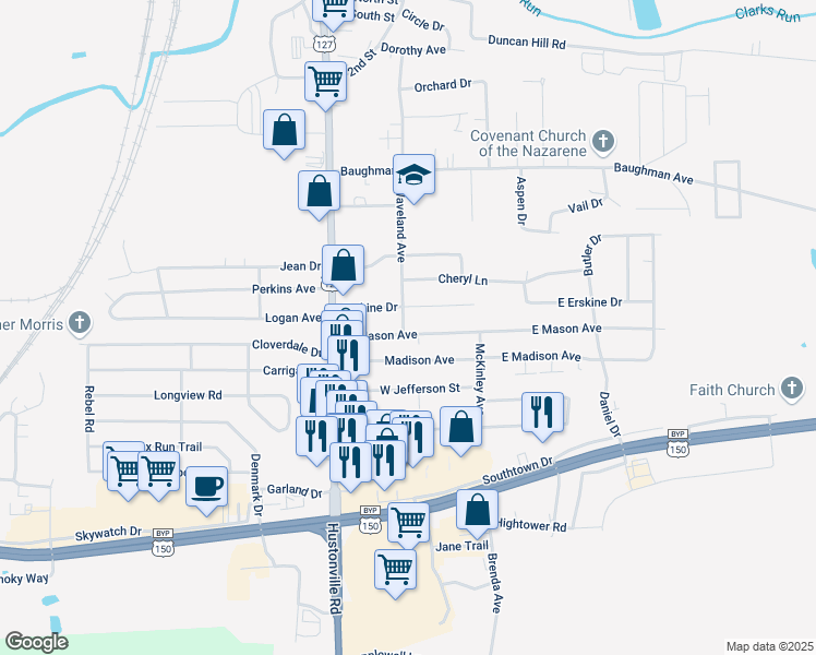 map of restaurants, bars, coffee shops, grocery stores, and more near 192 West Mason Avenue in Danville