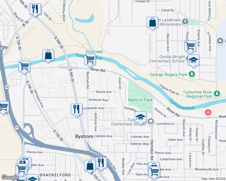map of restaurants, bars, coffee shops, grocery stores, and more near 605 Hawes Court in Modesto