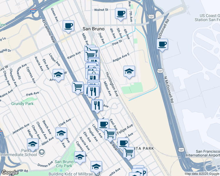 map of restaurants, bars, coffee shops, grocery stores, and more near 421 Milton Avenue in San Bruno