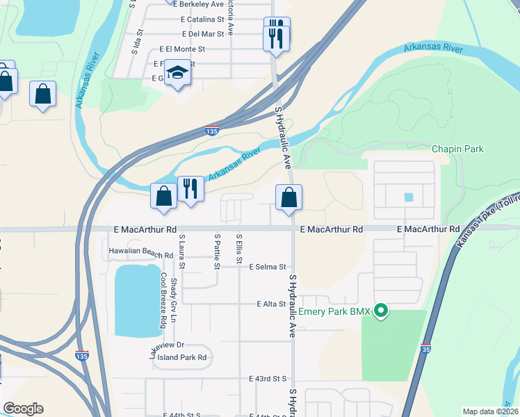 map of restaurants, bars, coffee shops, grocery stores, and more near 1522 East MacArthur Road in Wichita