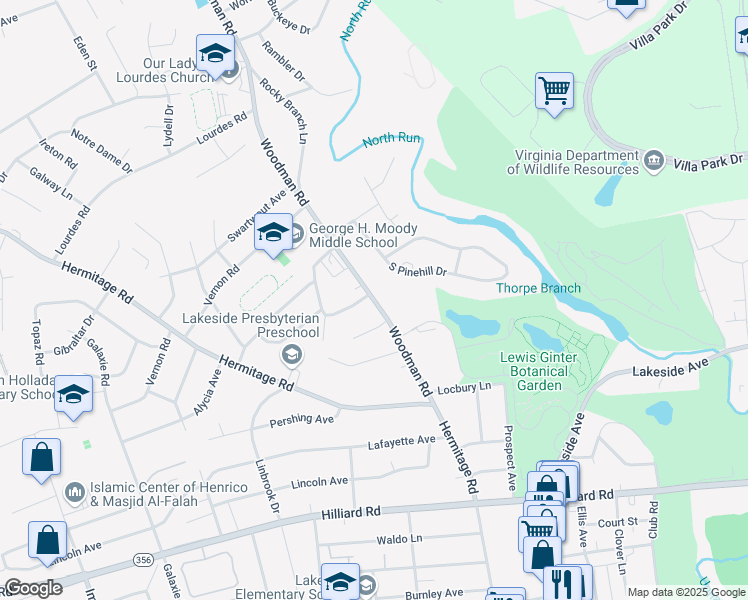 map of restaurants, bars, coffee shops, grocery stores, and more near 7609 Woodman Road in Henrico