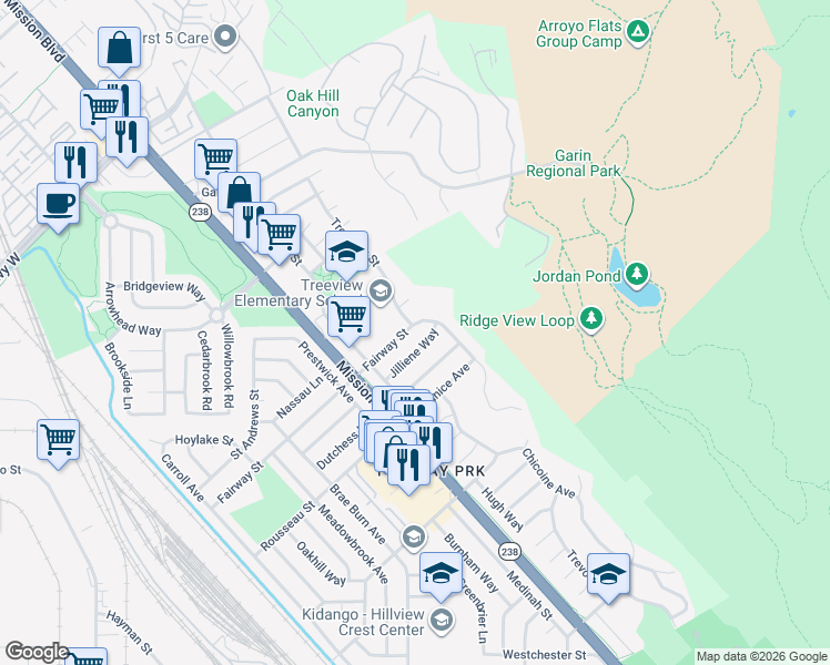 map of restaurants, bars, coffee shops, grocery stores, and more near 677 Fairway Street in Hayward