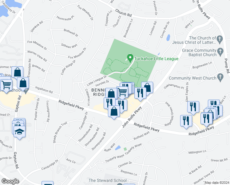 map of restaurants, bars, coffee shops, grocery stores, and more near 2259 Thornbury Drive in Richmond