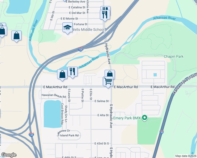 map of restaurants, bars, coffee shops, grocery stores, and more near 1522 East MacArthur Road in Wichita