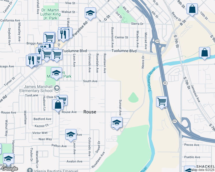 map of restaurants, bars, coffee shops, grocery stores, and more near 513 Roselawn Avenue in Modesto