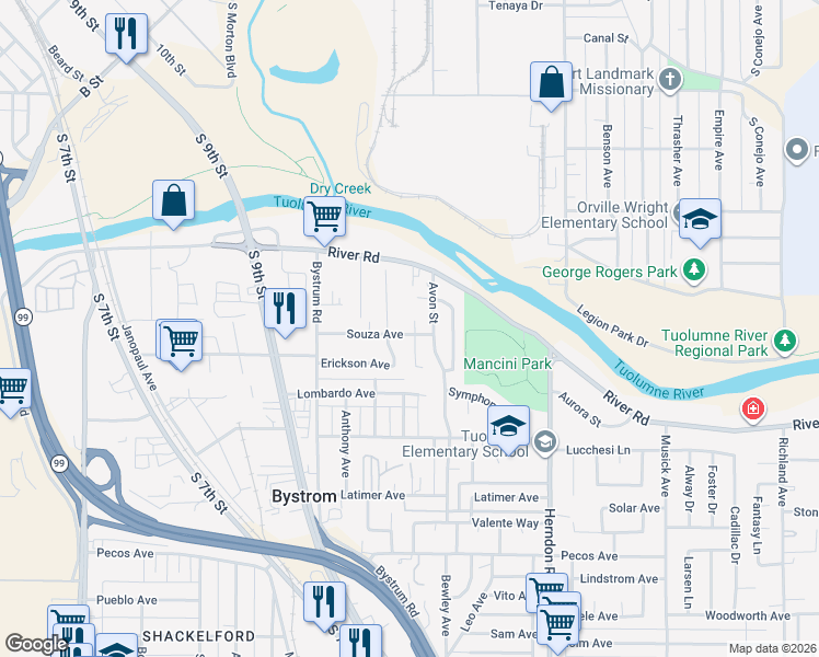 map of restaurants, bars, coffee shops, grocery stores, and more near 605 Hawes Court in Modesto
