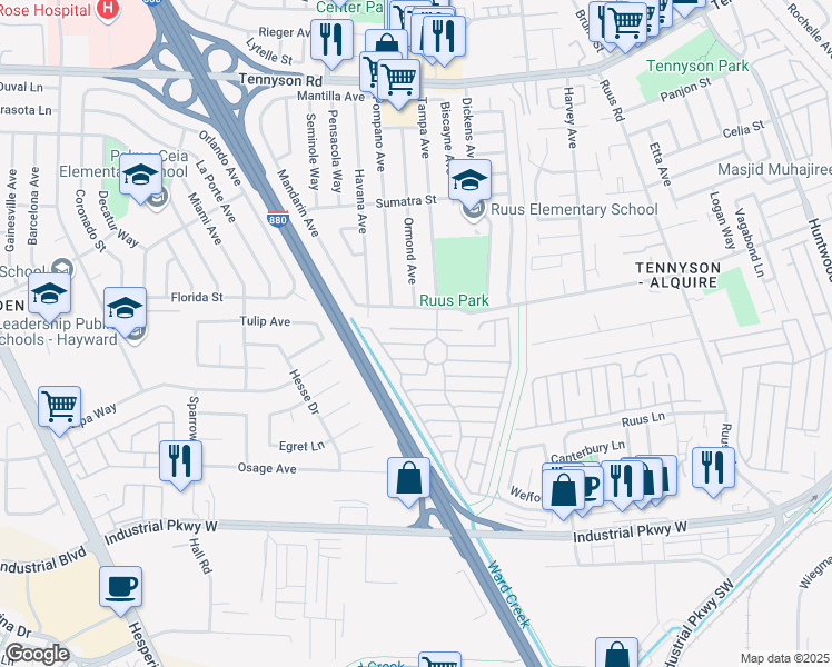 map of restaurants, bars, coffee shops, grocery stores, and more near 1534 Balein Court in Hayward