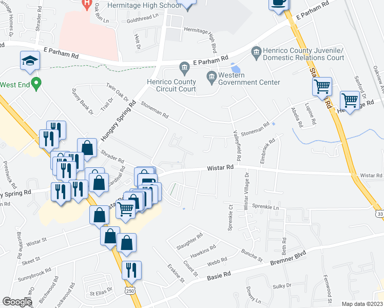 map of restaurants, bars, coffee shops, grocery stores, and more near 7204 Willow Crossing Terrace in Henrico