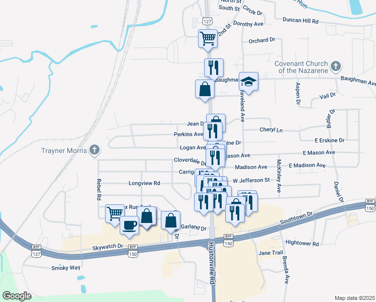 map of restaurants, bars, coffee shops, grocery stores, and more near 422 Cloverdale Drive in Danville