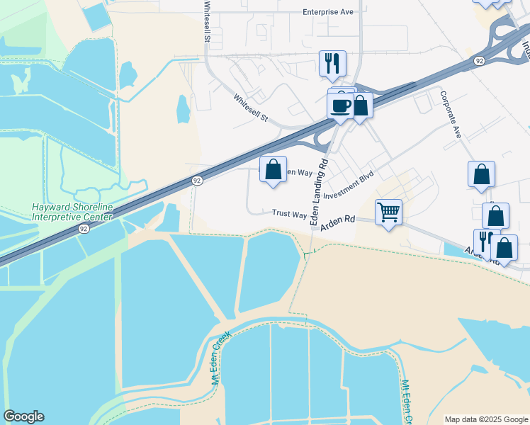map of restaurants, bars, coffee shops, grocery stores, and more near 3967 Trust Way in Hayward