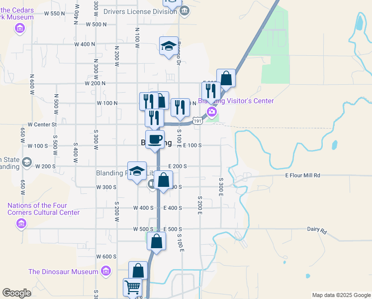 map of restaurants, bars, coffee shops, grocery stores, and more near 120 East 100 South in Blanding
