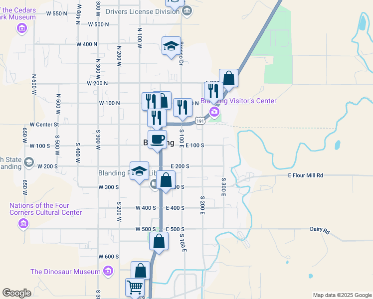 map of restaurants, bars, coffee shops, grocery stores, and more near 120 East 100 South in Blanding