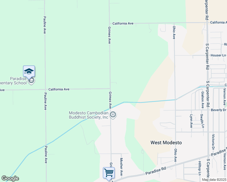 map of restaurants, bars, coffee shops, grocery stores, and more near 1306 Grimes Avenue in Modesto