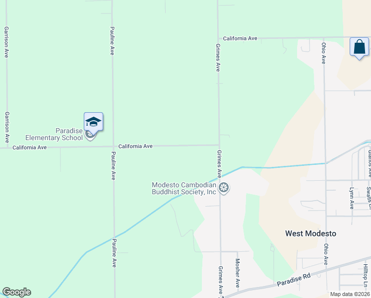 map of restaurants, bars, coffee shops, grocery stores, and more near 2870 California Avenue in Modesto