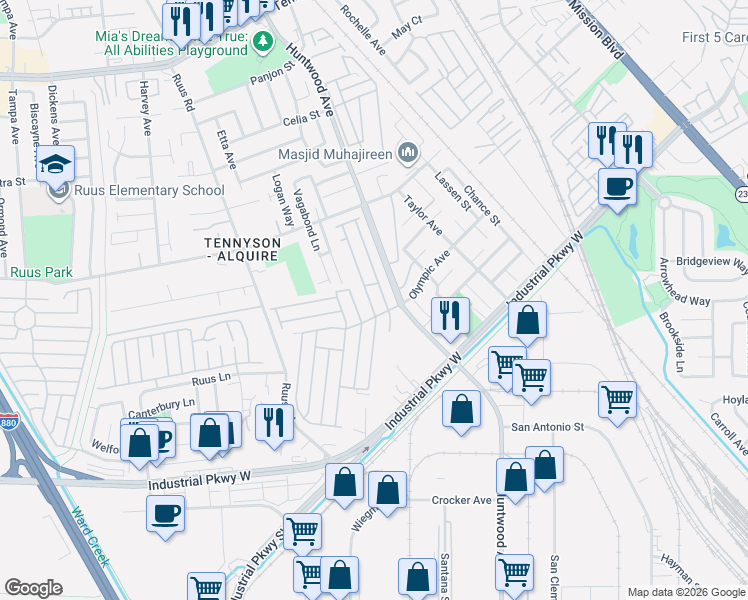 map of restaurants, bars, coffee shops, grocery stores, and more near 29293 Nantucket Way in Hayward