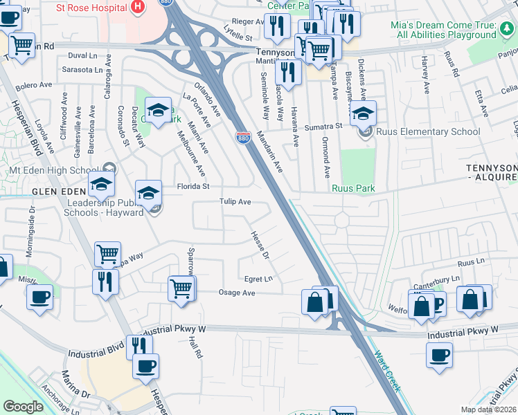 map of restaurants, bars, coffee shops, grocery stores, and more near 1774 Eugenia Avenue in Hayward