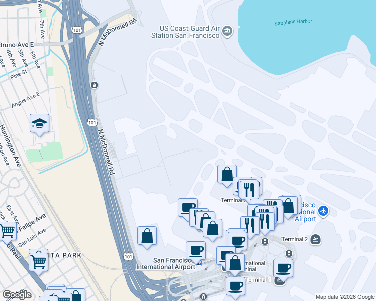 map of restaurants, bars, coffee shops, grocery stores, and more near 645 West Field Road in San Francisco