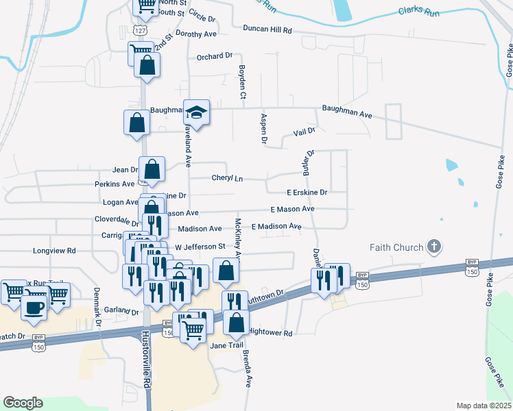 map of restaurants, bars, coffee shops, grocery stores, and more near 59 Madison Avenue in Danville