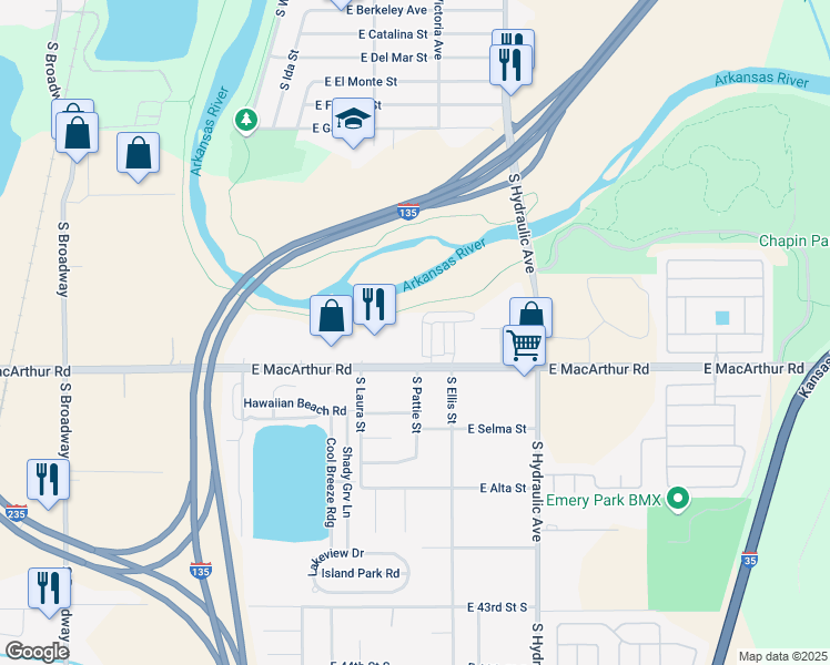 map of restaurants, bars, coffee shops, grocery stores, and more near 3947 South Lulu Street in Wichita