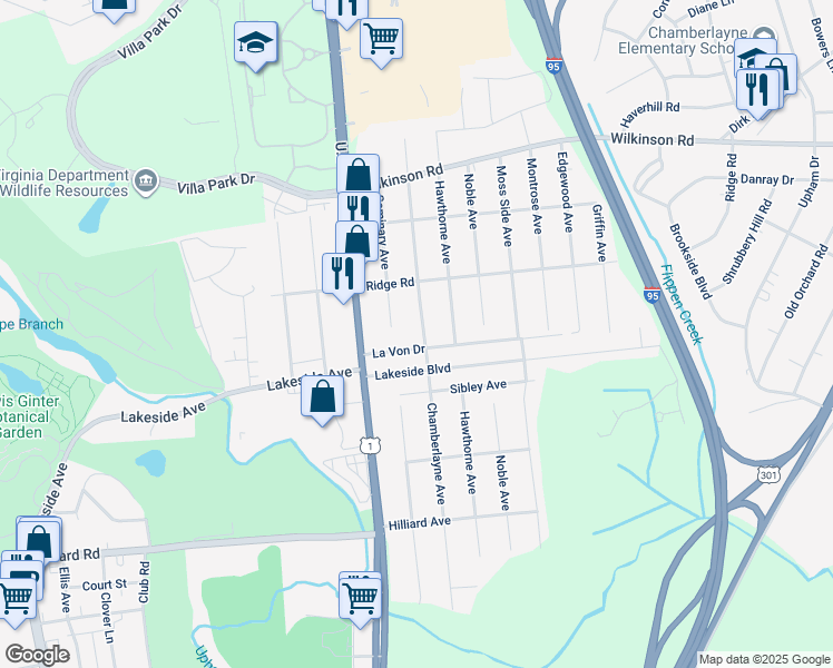 map of restaurants, bars, coffee shops, grocery stores, and more near 7402 Chamberlayne Avenue in Richmond