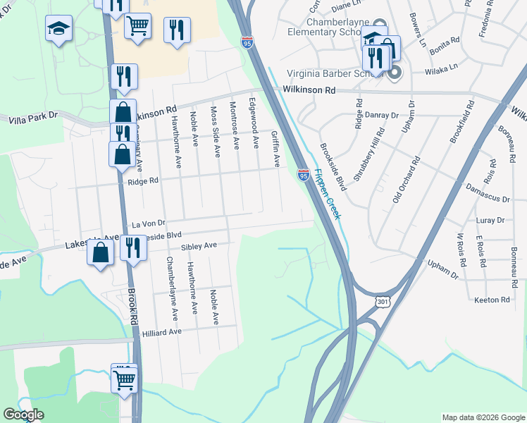 map of restaurants, bars, coffee shops, grocery stores, and more near 7406 Edgewood Avenue in Richmond