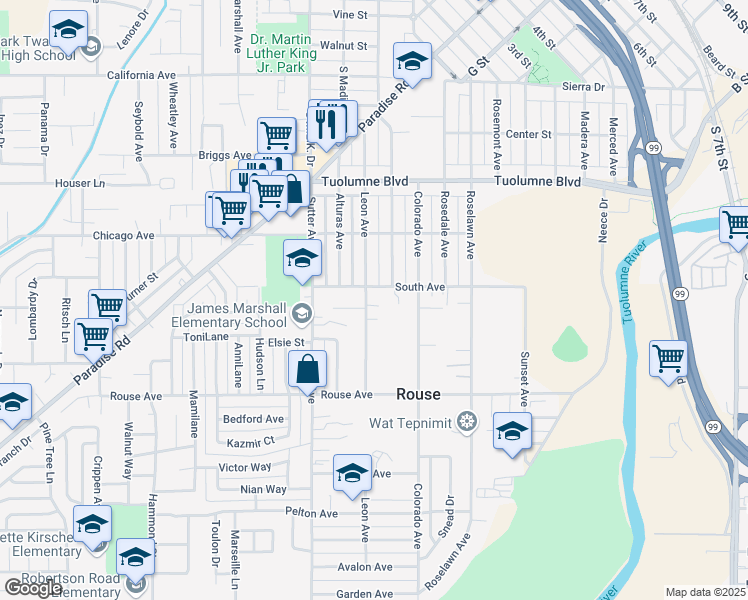 map of restaurants, bars, coffee shops, grocery stores, and more near 507 Leon Avenue in Modesto
