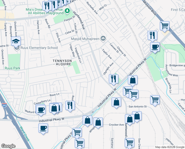 map of restaurants, bars, coffee shops, grocery stores, and more near 29257 Harpoon Way in Hayward