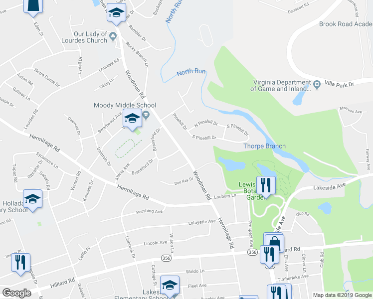 map of restaurants, bars, coffee shops, grocery stores, and more near 7616 South Pinehill Drive in Richmond