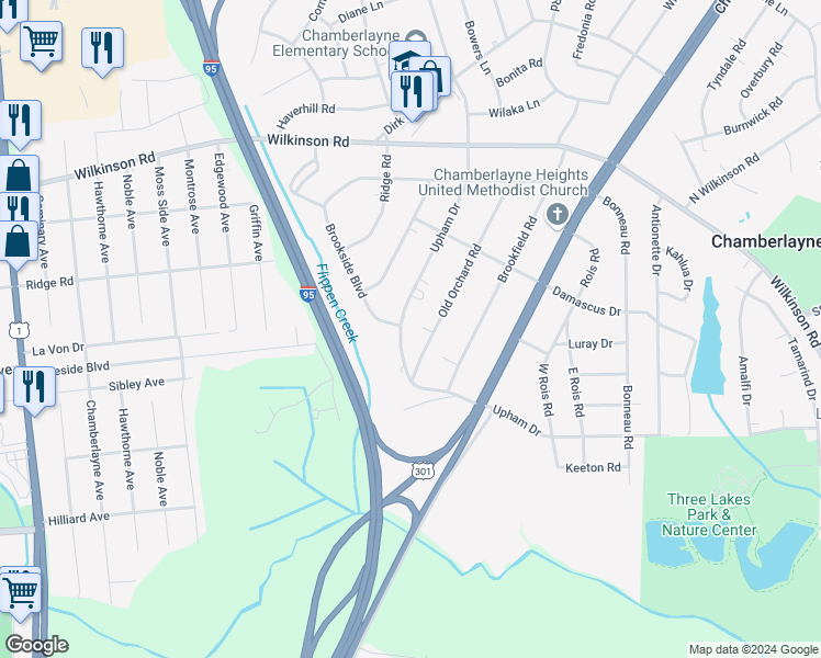 map of restaurants, bars, coffee shops, grocery stores, and more near 5903 Upham Drive in Richmond