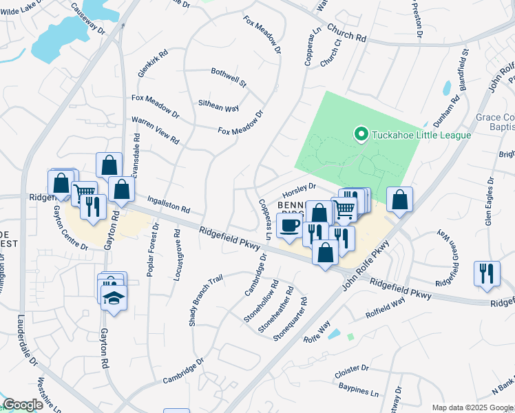 map of restaurants, bars, coffee shops, grocery stores, and more near 2161 Kelly Ridge Road in Henrico
