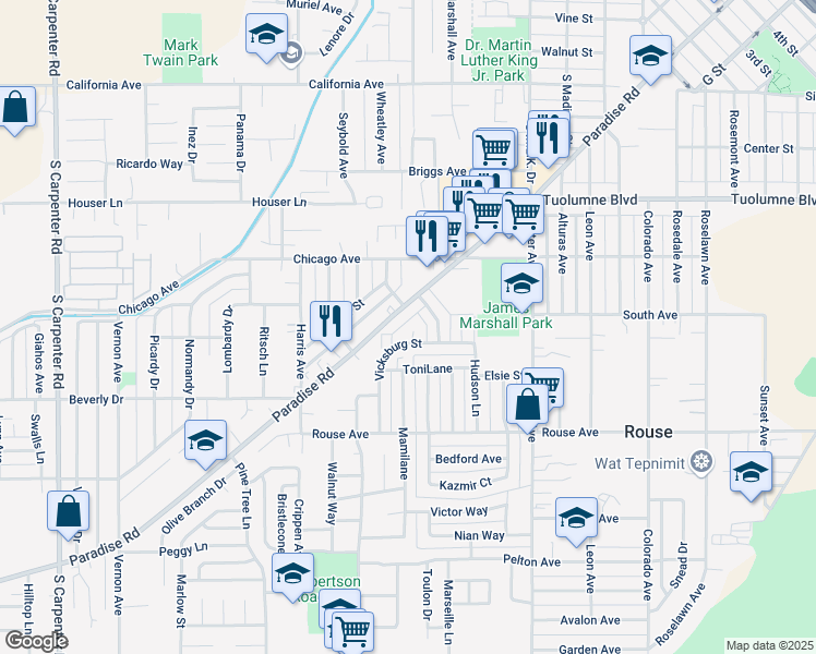 map of restaurants, bars, coffee shops, grocery stores, and more near 705 Paradise Road in Modesto