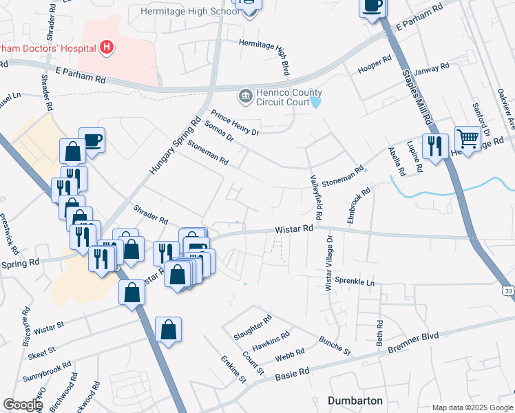 map of restaurants, bars, coffee shops, grocery stores, and more near 7204 Willow Crossing Terrace in Henrico