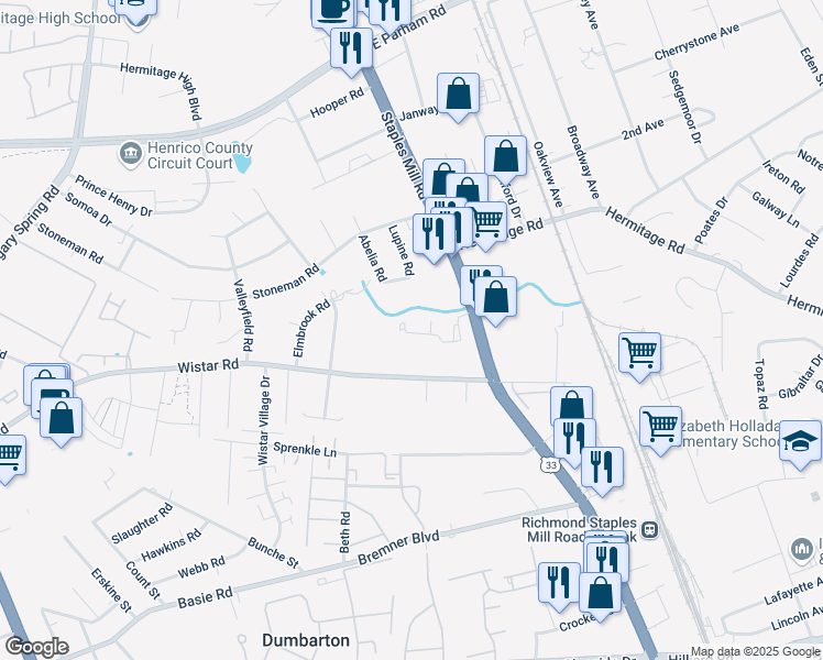 map of restaurants, bars, coffee shops, grocery stores, and more near 4310 New Hermitage Drive in Henrico
